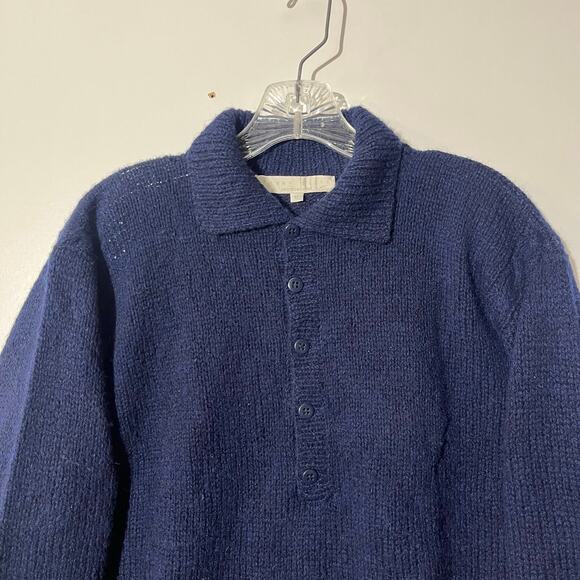 Vintage 80s Perry Ellis Hand Knit 100% Wool Navy Blue Collared Sweater‎ Womans M - Picture 2 of 8
